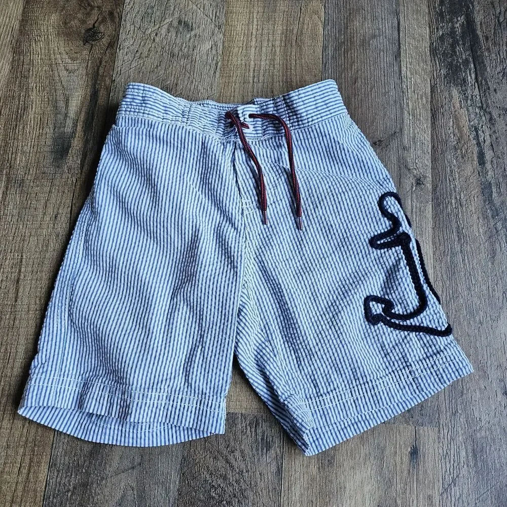 Janie and Jack Nautical Seersucker Swim Trunks Anchor Blue White 3T